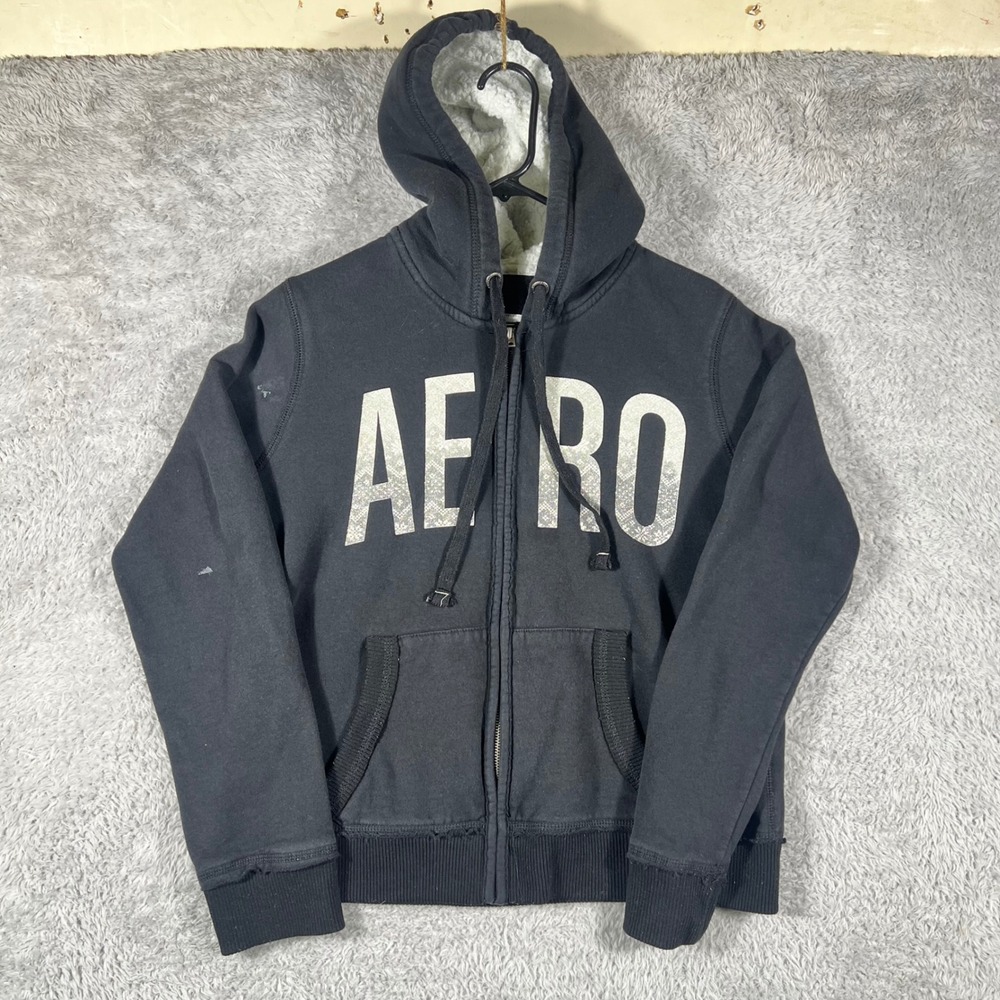 Aeropostale Mens Black Sherpa Lined Full Zip Hoodie AERO Graphic XL